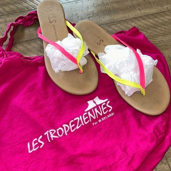 South of France 🇫🇷 Chic! Neon Pink & Yellow Chic Les Tropeziennes Sandals 🩴 - Picture 3 of 17